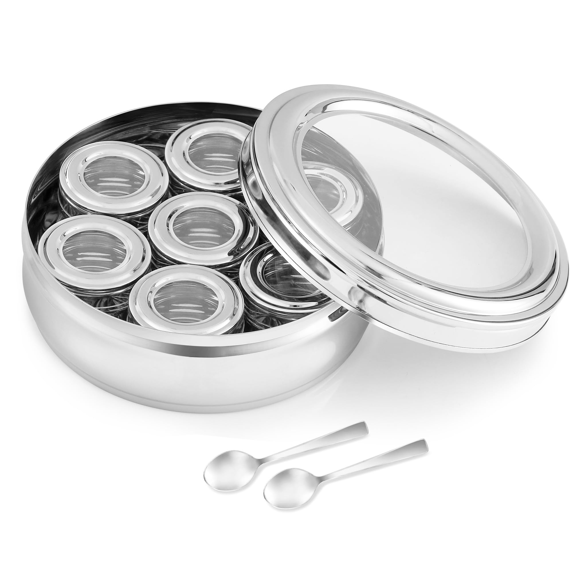 KSJONE Large 22cm Premium Spice Tin Masala or Dry Fruit Storage Box | 7 Spice Jars with Lids | Holds 7 Spices | Polished Stainless Steel with 2 Serving Spoons & Clear Acrylic Lids | Spice Box