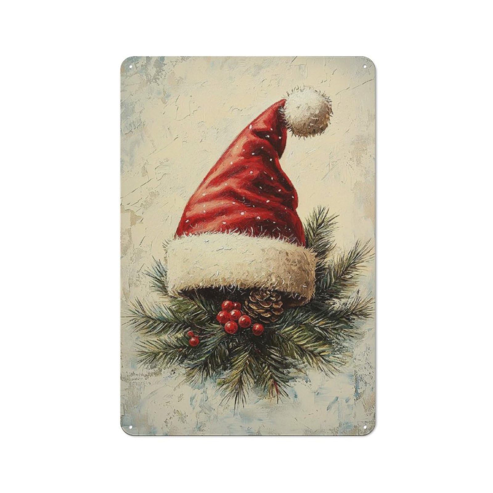 Junmoney Santa Hat On Pine Branch Industrial Metal Sign 30X20cm, Clean Industrial Loft Wall Plaque For Modern Home, Workshop, Office Or Cafe
