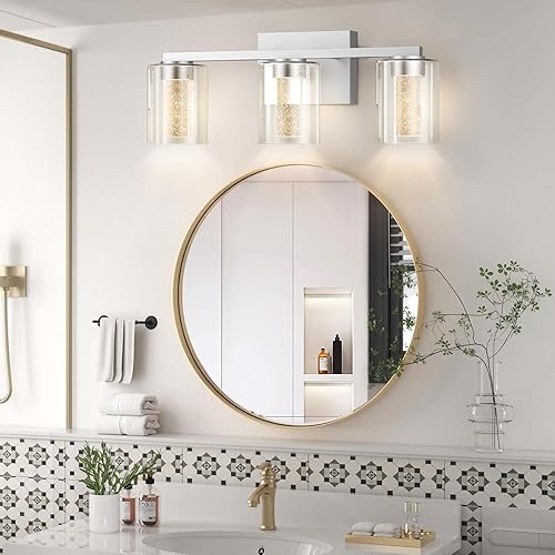 Miniatura 2 de Lámparas LED modernas para baño sobre el espejo, 3 luces de níquel cepillado con 5 modos de color, luz de tocador de baño regulable con vidrio de