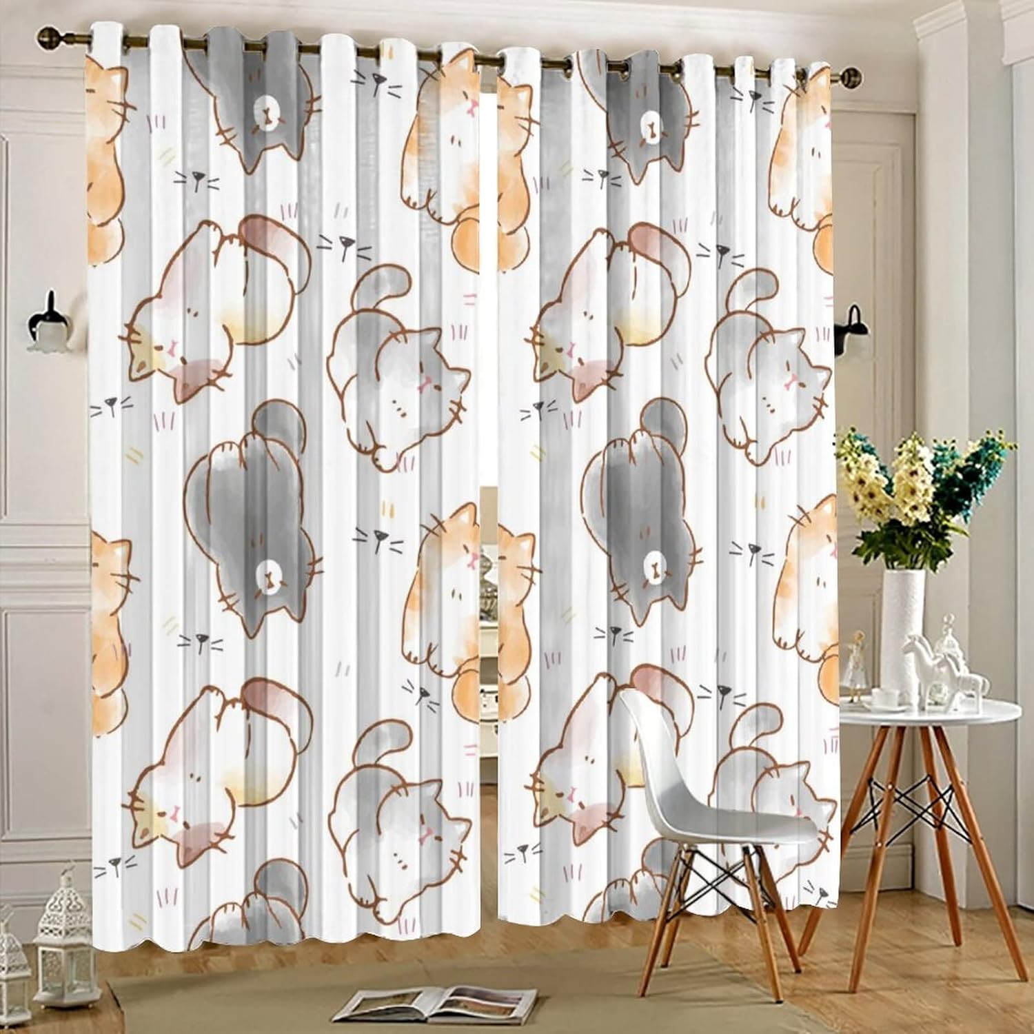 Watercolor Cat Lover Curtains - Cartoon Cute Cat Window Drapes Room Darkening Blackout Curtains Thermal Insulated Grommet Curtains for Bedroom 2 Panels 63L x 31.5W