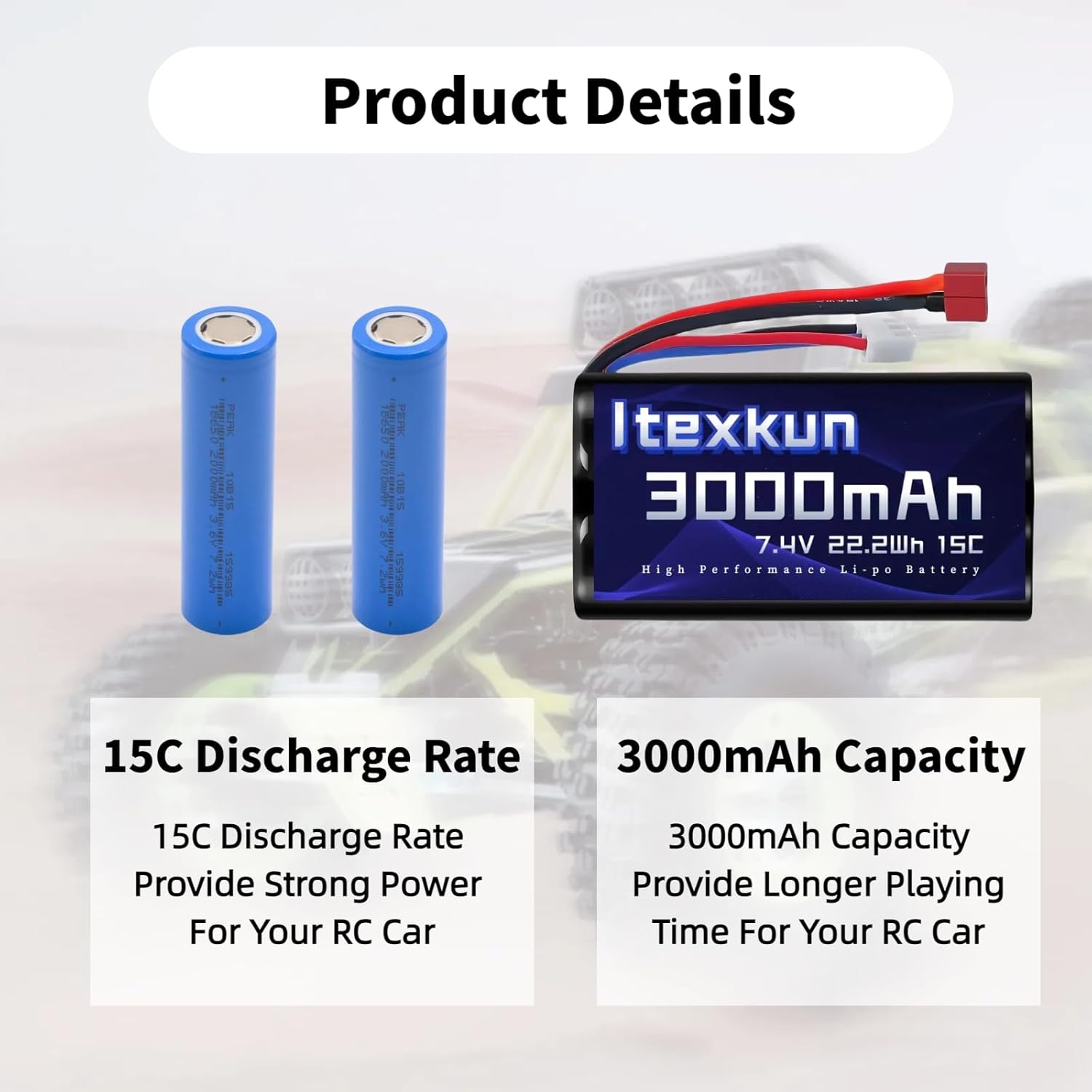 7.4V Li-ion Battery 3000mAh T Plug 15C 2S Rechargeable RC Battery Fit for WLtoys 12428 104009 DEERC 9005E 9201E 9206E 9003E 003E H16R RC Truck Car with 2s Battery Charger