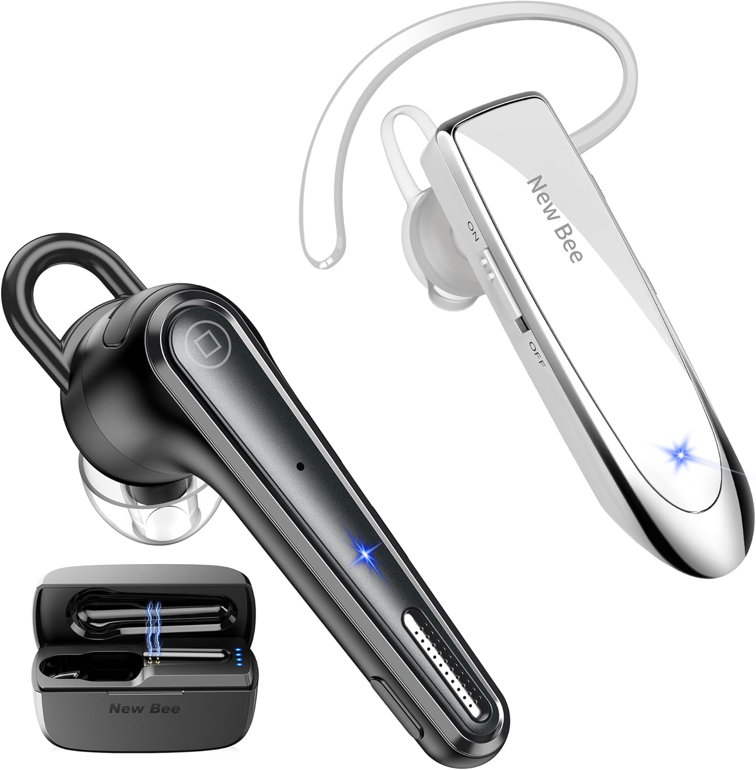 New bee Bluetooth Headset B41 White & Bluetooth Headset M52 V5.1 with 500mah Charging Case