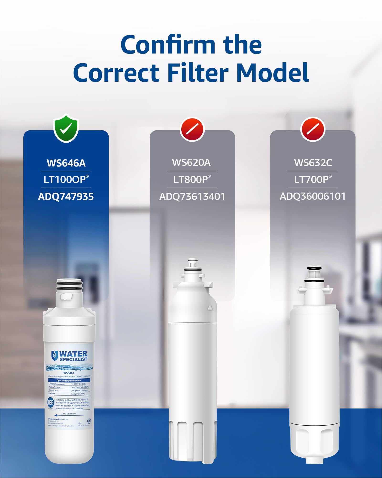 Waterspecialist MDJ64844601 filtr wody do lodówki, certyfikat NSF, zamiennik dla LG LT1000P, LT 1000P, LT1000PC, LT1000PCS, LFXC24796S, ADQ74793501, ADQ74793502, Kenmore 46-9980, 9980 (3 sztuki)