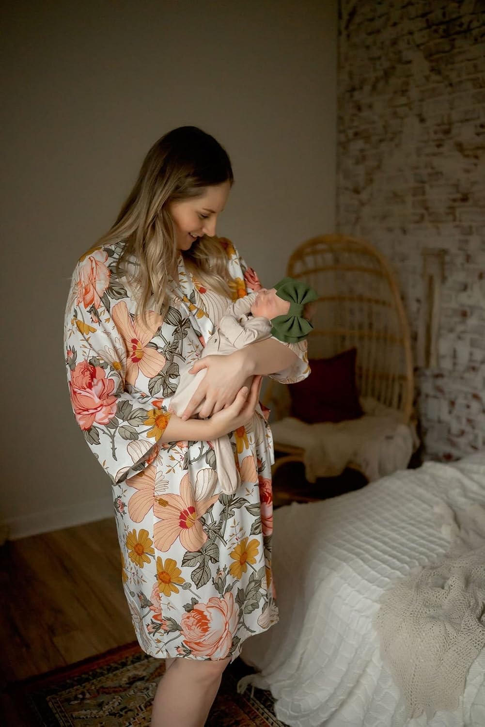 Matching Floral Vintage Print Mommy Robe and Organic Cotton Floral Muslin Swaddle, Hat and Bow Set