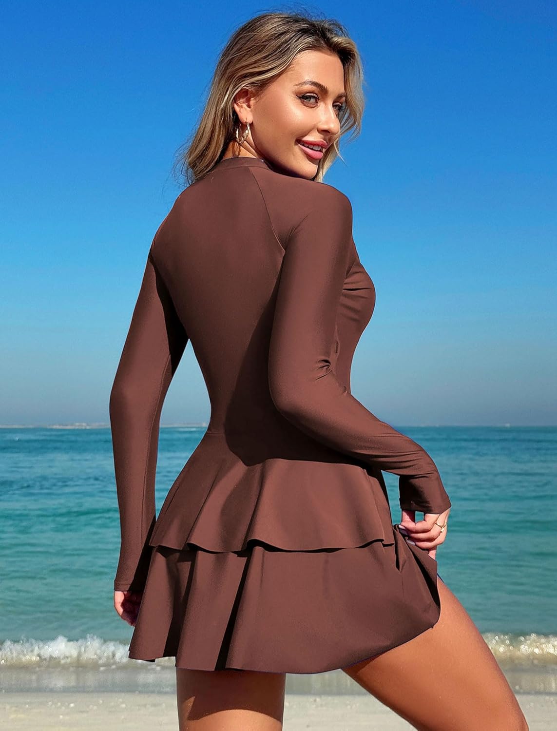 ZAFUL Women's One Piece Rash Guard Long Sleeve Modest Swimsuits Dress Zipper Bathing Suit Swimskirt - Image 5