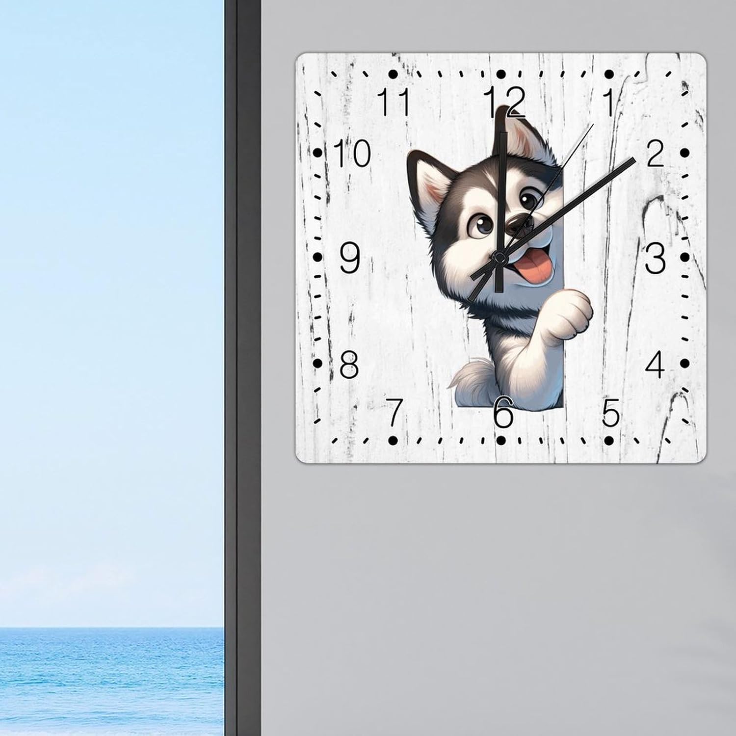 Siberian Husky Wall Clock Siberian Husky Dog Peeking ASquare Corner Decorative Wall Clock New Puppy Dog Square Wooden Clocks Non-Ticking Silent Wall Clock for Home Living Room 15x15in