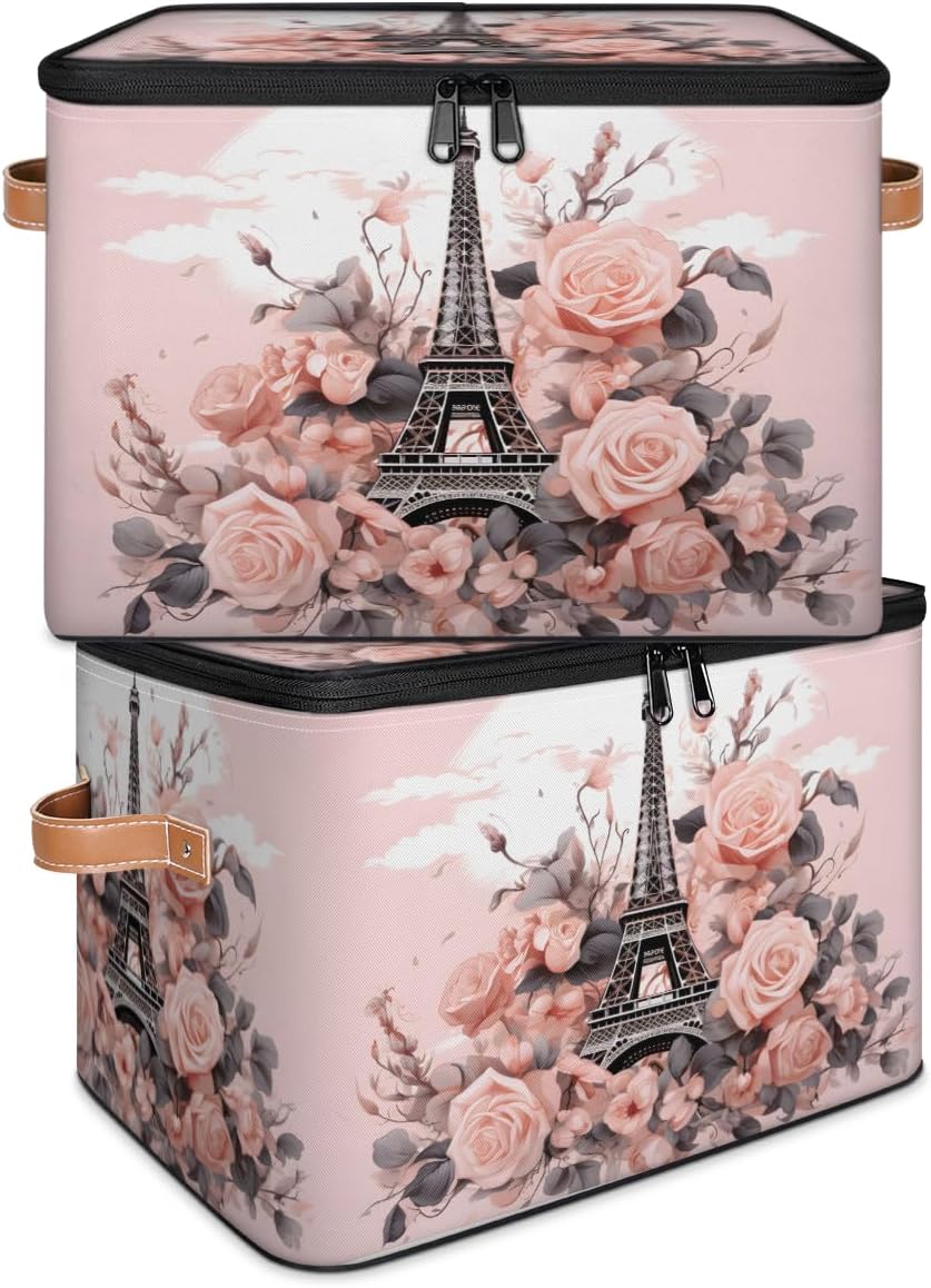 Storage Bin Set of 2 Eiffel Tower Rose Storage Basket with Zipper Lid & Handle Foldable Closet Shelf 2 Pack Cloth Organizer Basket Cube Bins Clothes Organizer for Bedroom, Nursery
