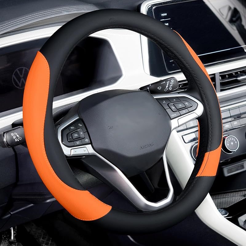 Capa para Volante Coverado em Couro Nappa Preto e Laranja para Volantes Circulares de 35,6 a 38,1 cm B-BlackOrange