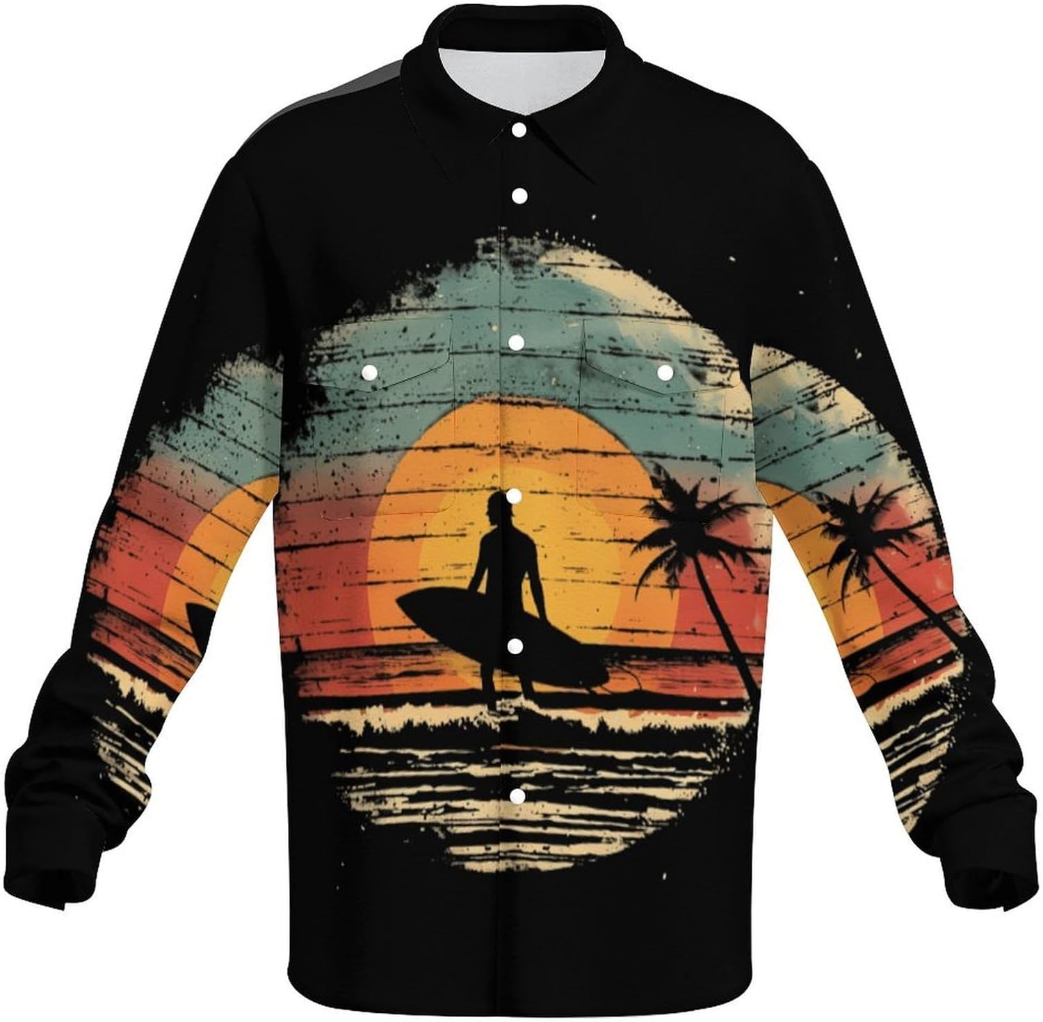Vintage Sunset Surfing Men's Shirts Casual Jacket Long Sleeve Coat Novelty Outwear Tops
