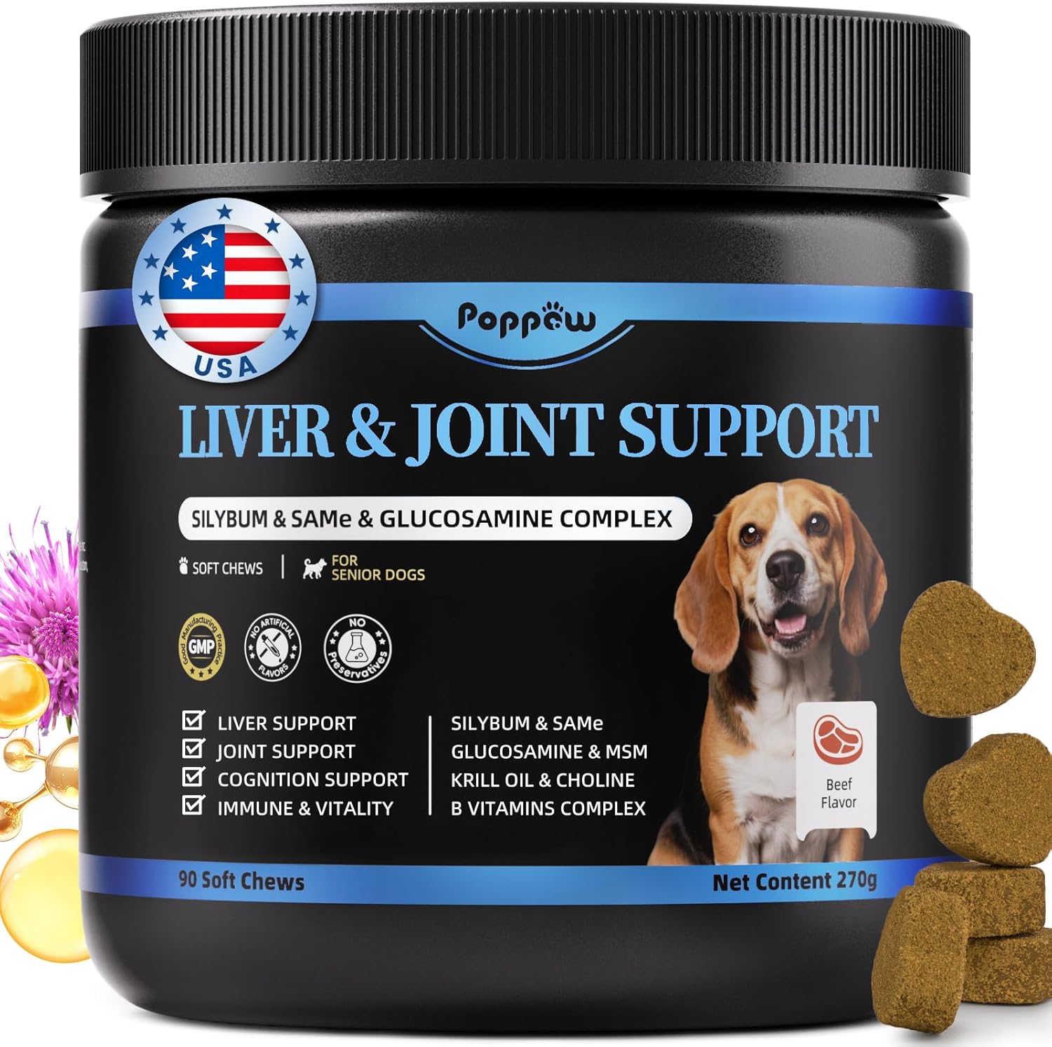 Senior Dog Liver & Joint Supplement – Same, Milk Thistle (Silybin), Glucosamine, MSM for Liver Health Detox, Mobility, Joint Pain Support, Cognitive & Vitality Support, Beef Flavor, 90Ct