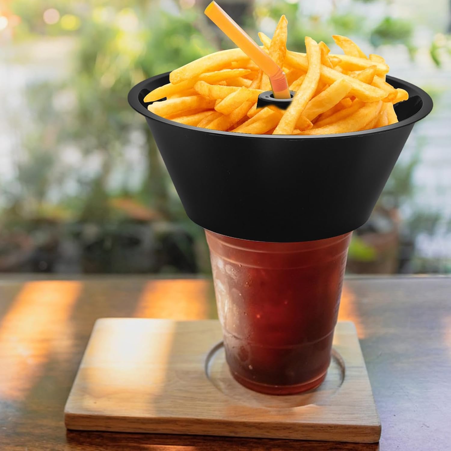 NUOBESTY 10pcs 700ml Black Snack Bowls with Straw Hole, Plastic Drink and Snack Cup Holders for Popcorn, French Fries, and ’ Party Use