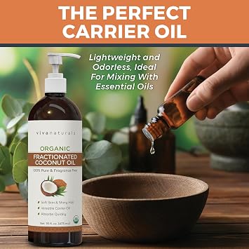 Viva Naturals Organic Fractionated Coconut Oil, 16 fl oz Skin & Hair Moisturizer, Massage Oil, Carrier Oil for Essential Oils
