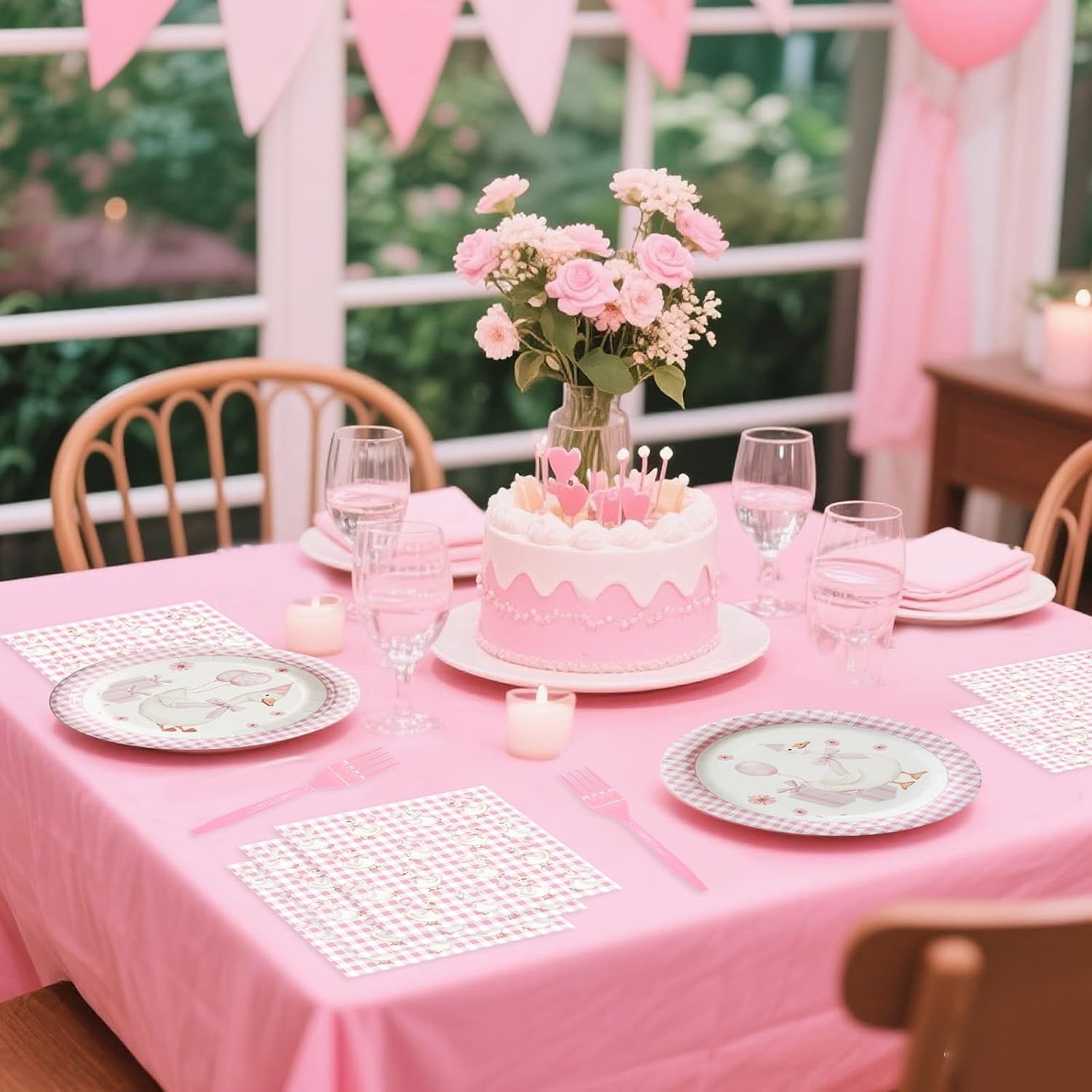 96 Pcs One Silly Goose Party Supplies Disposable Tableware Set Serve 24 Guests Include Silly Goose Paper Plates Pink Gingham Napkins Plastic Forks for Baby Shower Wedding Birthday Party Decoration