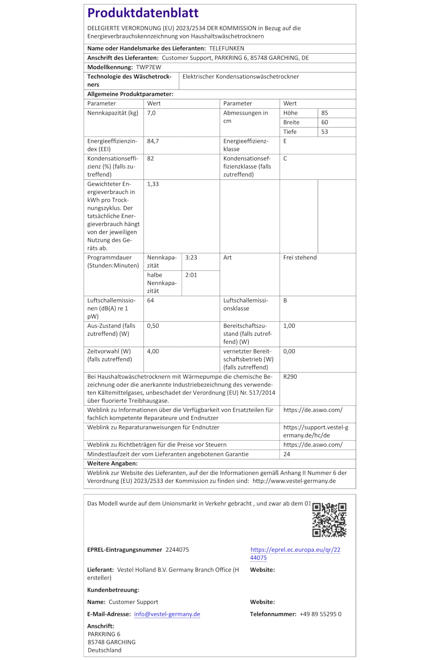 Telefunken Wärmepumpentrockner für 7 kg Wäsche, Trockner Frontlader, Wäschetrockner mit Knitterschutz und Startzeitvorwahl, Energiesparend, leise 64 dB, 15 Programme, Trommelbeleuchtung, TWP7EW