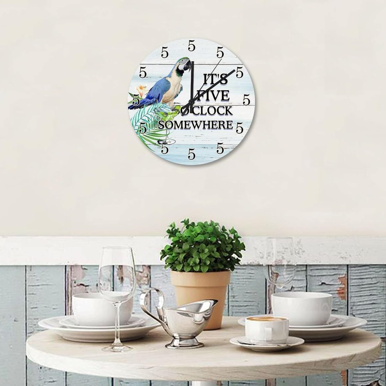 12 Inch It's 5 O'Clock Somewhere Parrot Wall Clocks Battery Operated Tiki Decor Decorative Clock Round Clock for Living Room Bedroom Kitchen Farmhouse Decor