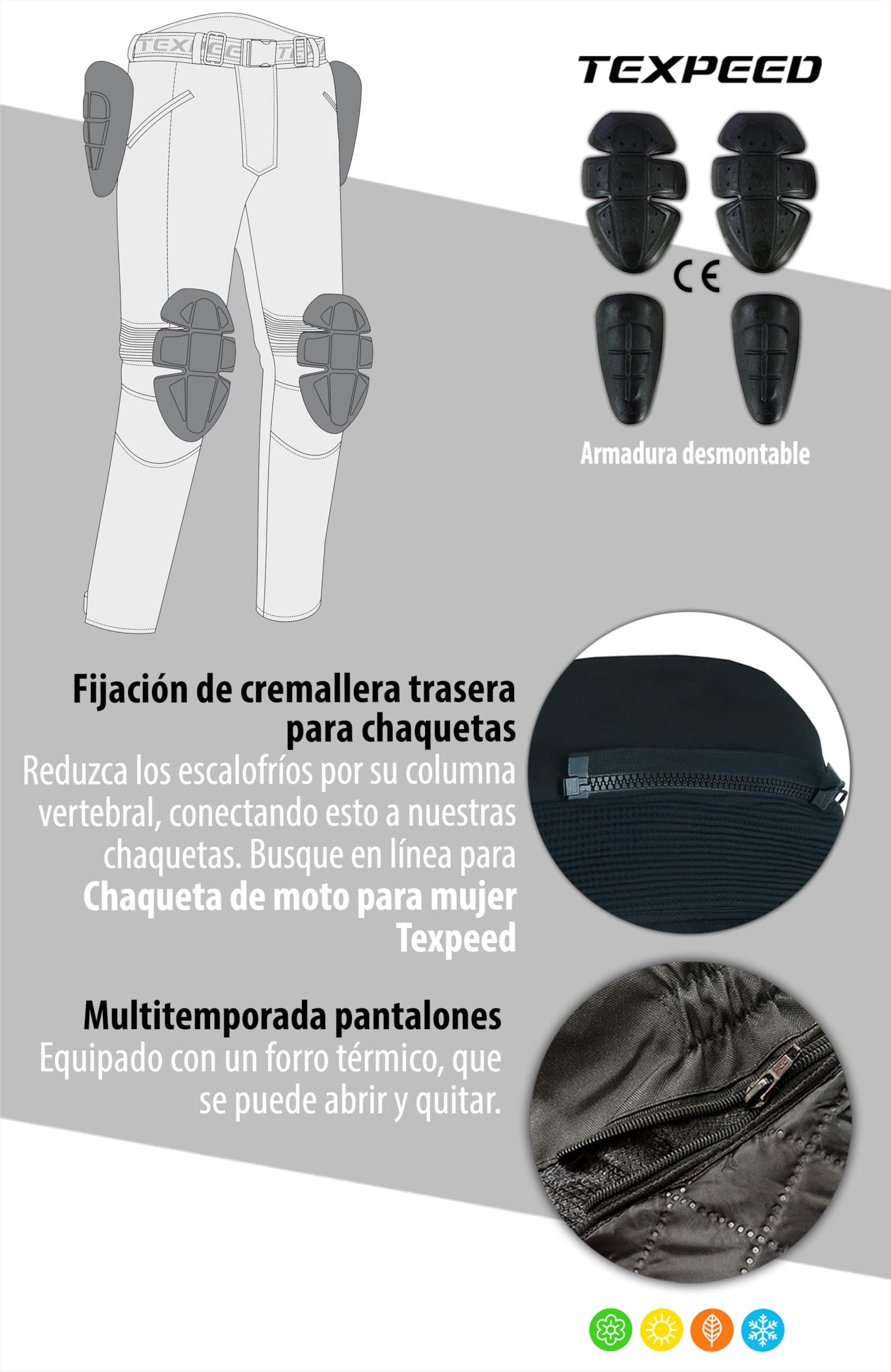 Texpeed Pantalones de moto mujer con protecciones - Impermeable scooter textil para verano o invierno - Armadura certificado CE (EN 1621-1) Proteccion Negro - 7XL Cintura/Pierna Regular