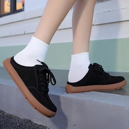 Miniatura 6 de UBFEN Pantuflas de piel de ante con soporte de arco para mujer, cómodas, para interiores y exteriores, con cordones