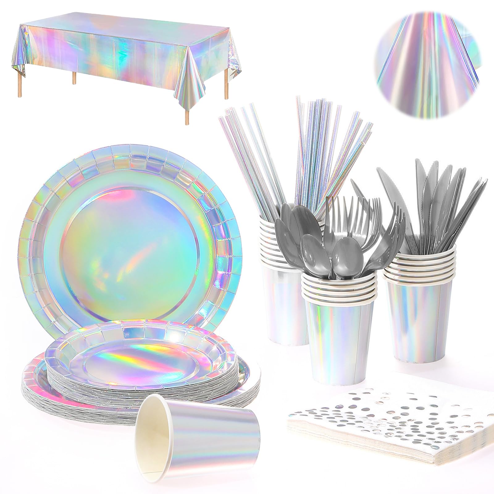 SPOKKI 193 Pcs Iridescent Holographic Party Supplies, Wedding, Serve 24