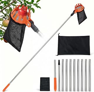 Fruit Picker Tool with 4m Telescopic Stainless Steel Pole, 10-Section Apple Cherry Plum Pear Peach Harvester, Lightweight Tree Grabber with 2 Fabric Bags & 1 Storage Bag