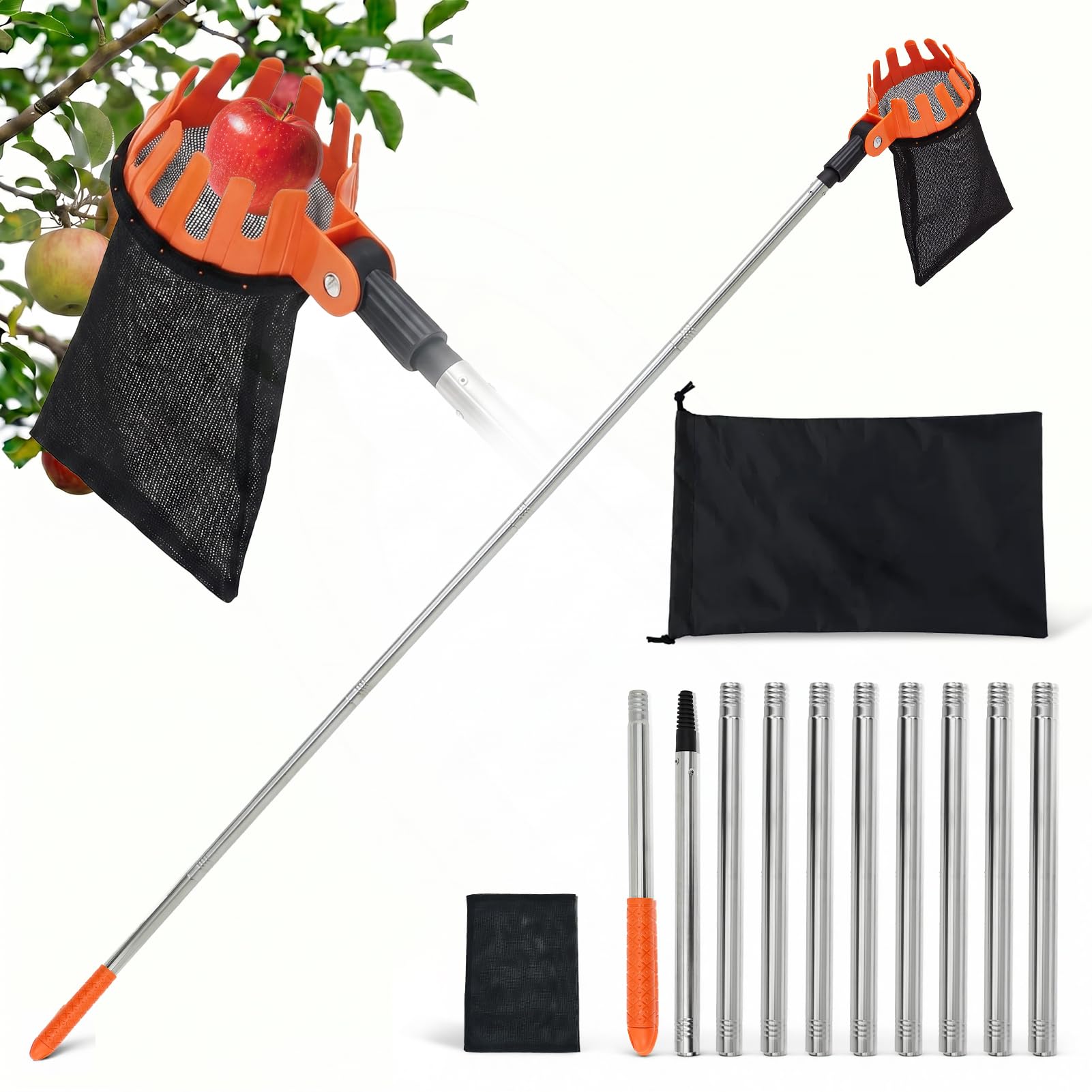 Fruit Picker Tool with 4m Telescopic Stainless Steel Pole, 10-Section Apple Cherry Plum Pear Peach Harvester, Lightweight Tree Grabber with 2 Fabric Bags & 1 Storage Bag