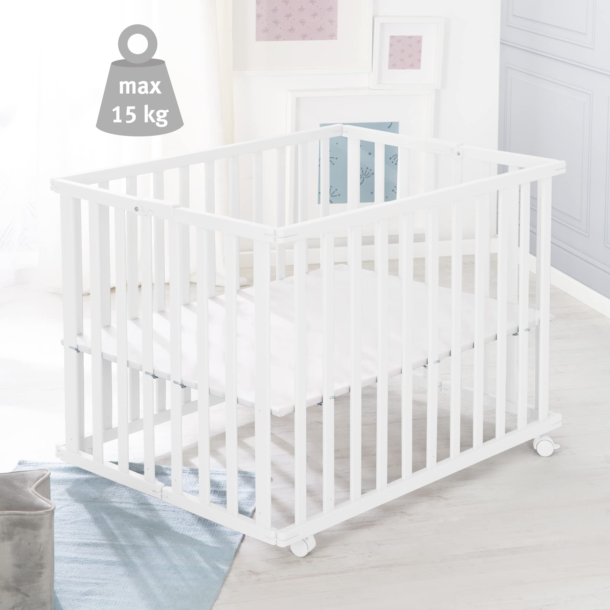 roba Laufgitter klappbar 75 x 100 cm - Platzsparender und faltbarer Baby Laufstall - Mobiles Krabbelgitter inkl. Rollen - 2-fach höhenverstellbar - Holz weiß