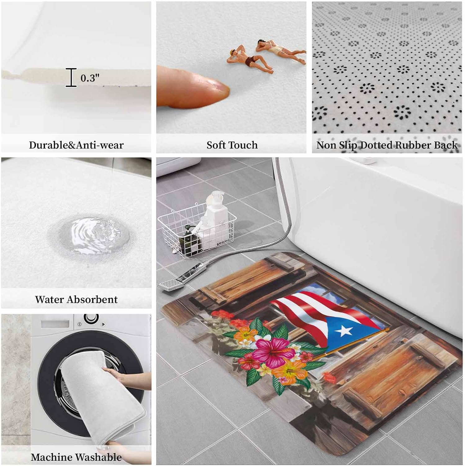 Chucoco Puerto Rico Flag Hibiscus Flower Kitchen Rugs and Mats Vintage Wood House 2 Piece Comfort Standing Floor Mat Non Slip Absorbent Doormats for Laundry/Bathroom/Bedroom Decor Wooden Plank