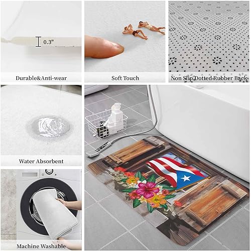 Miniatura 4 de Alfombras y tapetes de cocina con diseño de flor de hibisco con bandera de Puerto Rico, 2 piezas, tapete de madera para casa, cómodo,