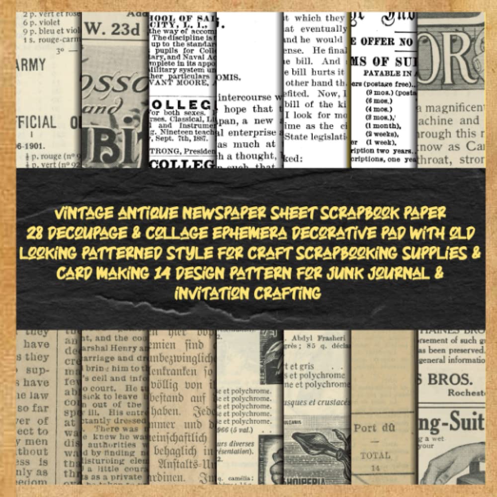 vintage antique newspaper sheet scrapbook paper 28 decoupage & collage ephemera decorative pad with old looking patterned style for craft ... & invitation crafting: collection pack