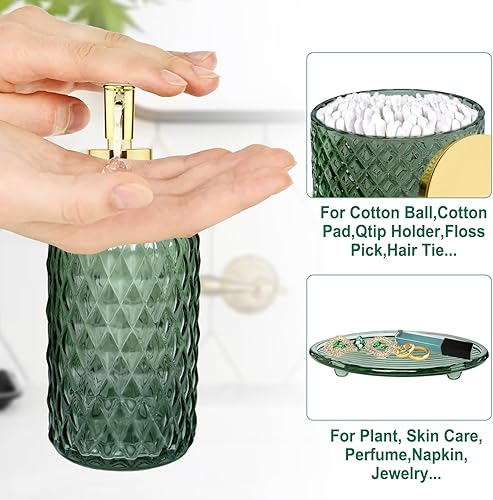 Miniatura 2 de Juego de accesorios de baño, 4 piezas de cristal verde salvia, juego completo de accesorios de baño con dispensador de jabón de loción, soporte para