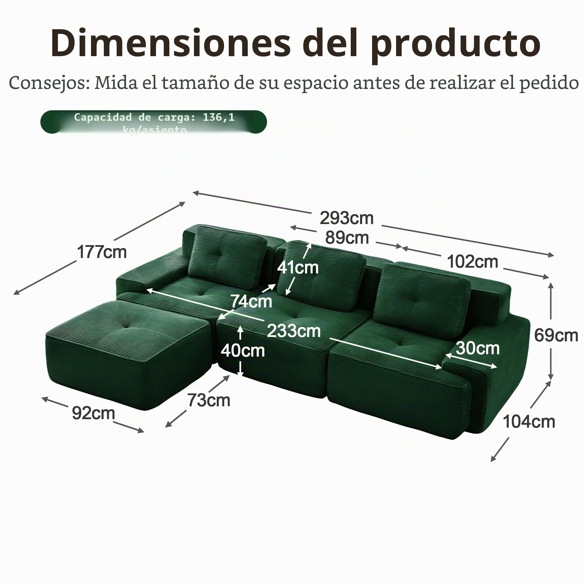 Dolamaní Boneless Sofá modular de 3 plazas + 1 taburete de pana, sin montaje, asiento profundo, moderno en forma de L, sofá esquinero para salón, dormitorio, oficina, apartamento (verde)