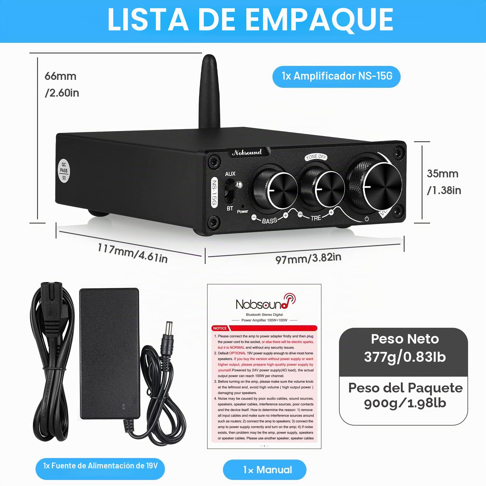 Nobsound Mini Amplificador Digital Bluetooth HiFi Estéreo 200W con ajustes de graves y agudos para altavoces domésticos