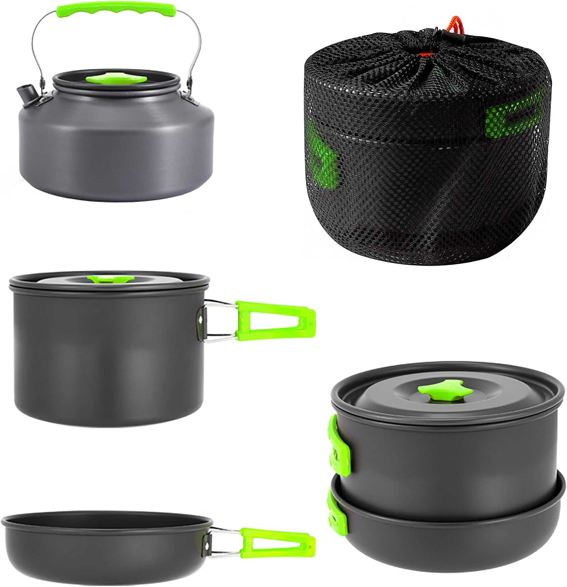 aiGear Camping Cooking Set Cookware Mess Kit with Storage Bag Pot Pan and Teapot Set Camping Accessories for Outdoor Camping Hiking Picnic Portable and Lightweight Aluminum Color Green,Black,Orange