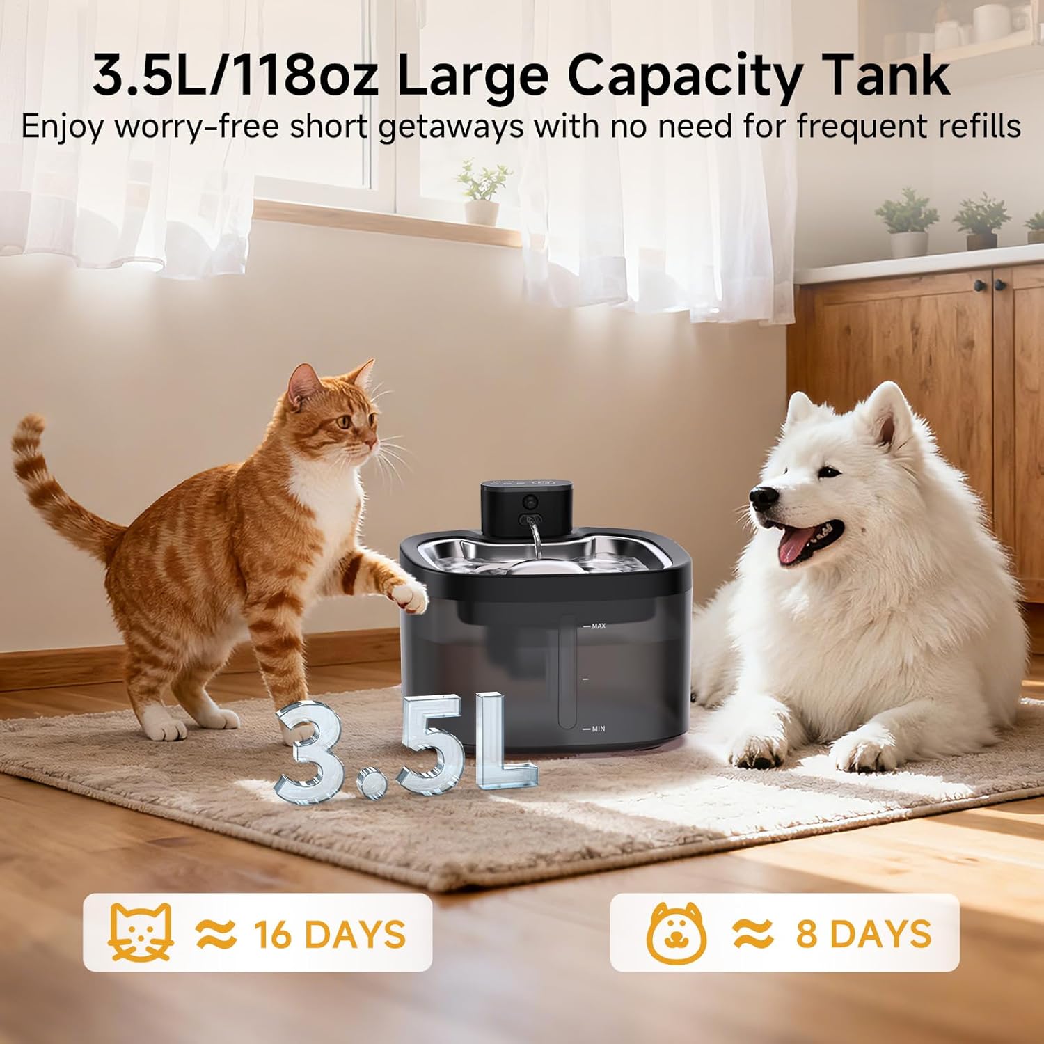 Cat Water Fountain Cordless: Battery Operated 118oz/3.5L Pet Water Fountain for Cats Indoor with Motion Sensor, Wireless Cat Drinking Fountains with Stainless Steel Tray, Rechargeable (2Filters) - Image 5