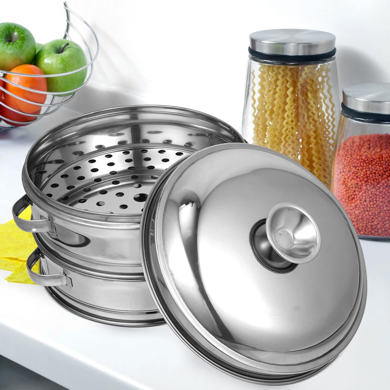Panier Vapeur Inoxidable 20 Cm avec Poignées Lot 2 Paniers Vapeur pour Légumes et Petits Pains 1 Couvercle Compatible Autocuiseur Accessoire la Cuisine Alimentaire Pratique