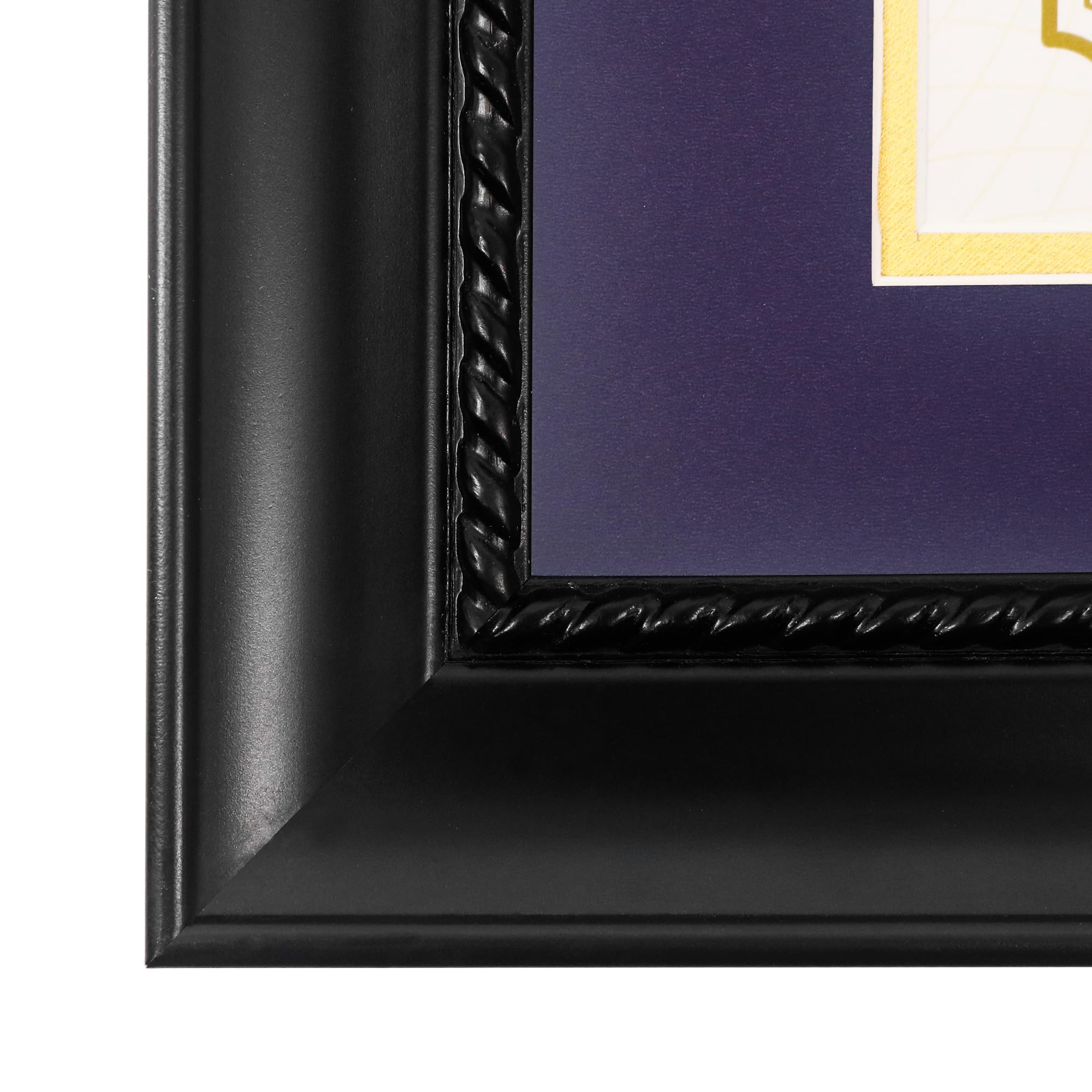 GMFrames Ramka dyplomowa 8,5 x 11 z fioletową matą lub wyświetlaczem certyfikaty 11 x 14 bez maty, lite drewno, czarne wykończenie ze skomplikowanymi czarnymi detalami liny, akryl chroniący przed