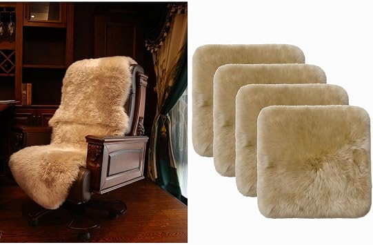 Genuine Sheepskin Rug26 Feet, Worm Brown and Sheepskin Chairs Pads18x18 Inch,4 Pcs,Khaki Brown for Bedroom Living Room Sofa Dining Chairs