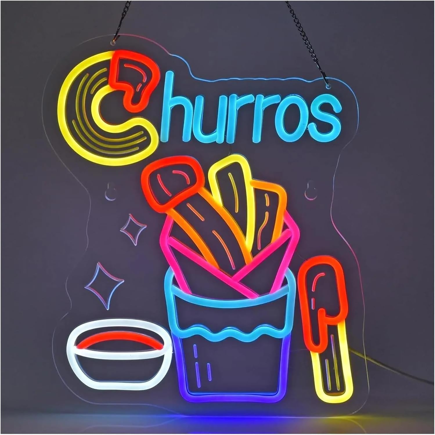 Insegna luminosa al neon Per insegna al Per neon Per LED, luminosa da parete con churros appesi, decorazione per ristorante, festa, 31 cm x 38