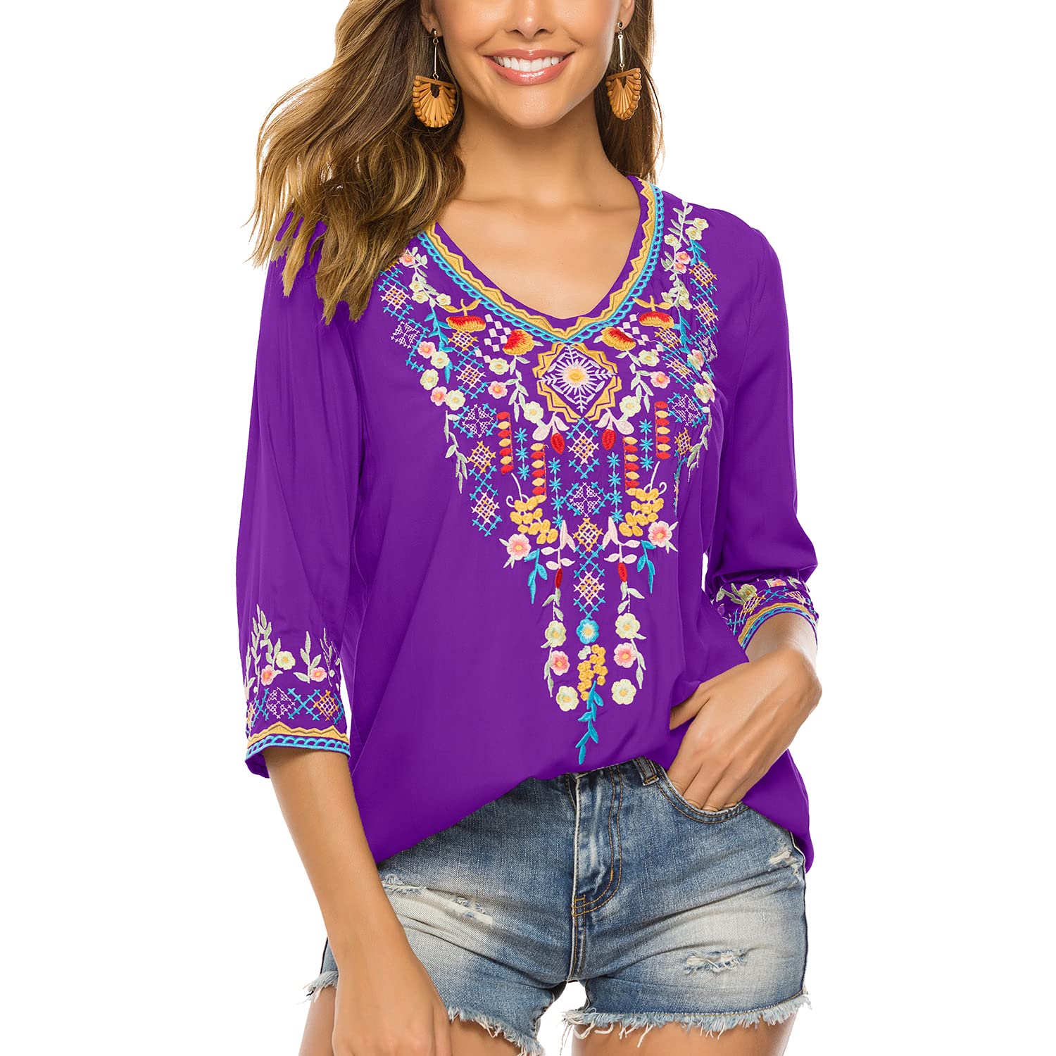 Seasonal Tunika Damen Sommer Boho Bluse Folklore Stickerei O