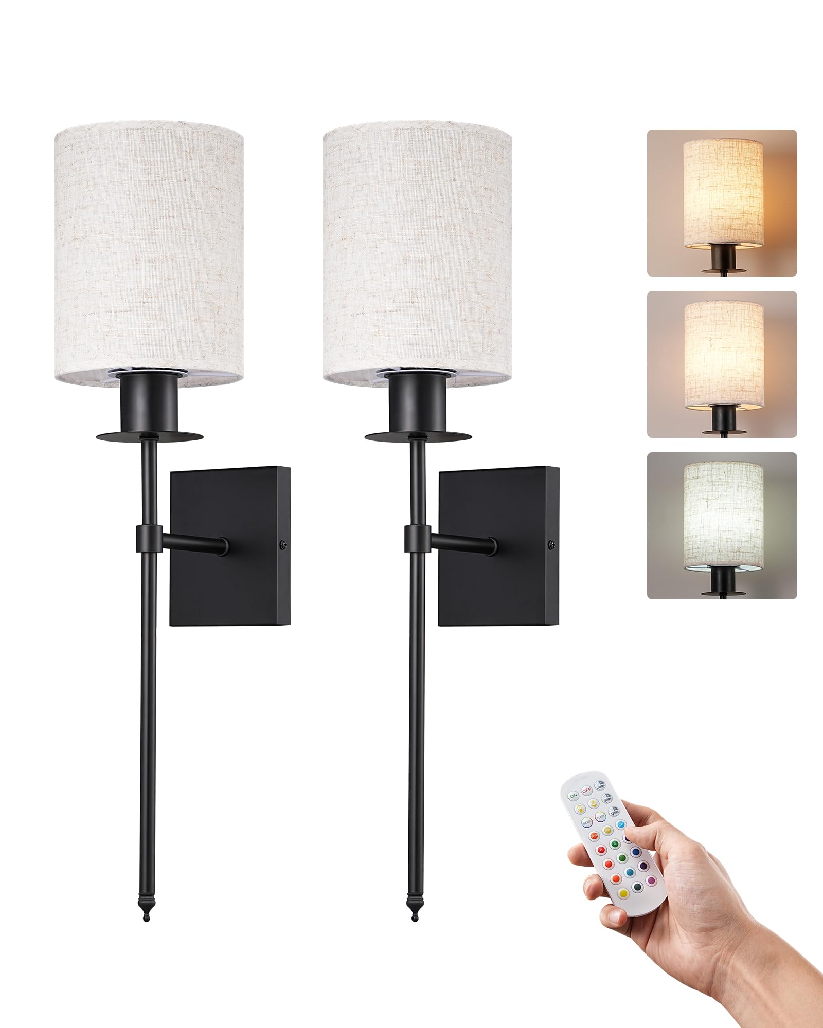 EDISHINE 2 lámparas de pared con batería para interiores, RGB LED sin conexión de alimentación, lámpara de pared inalámbrica regulable con mando a distancia, 12 colores y 2 modos dinámicos y 3