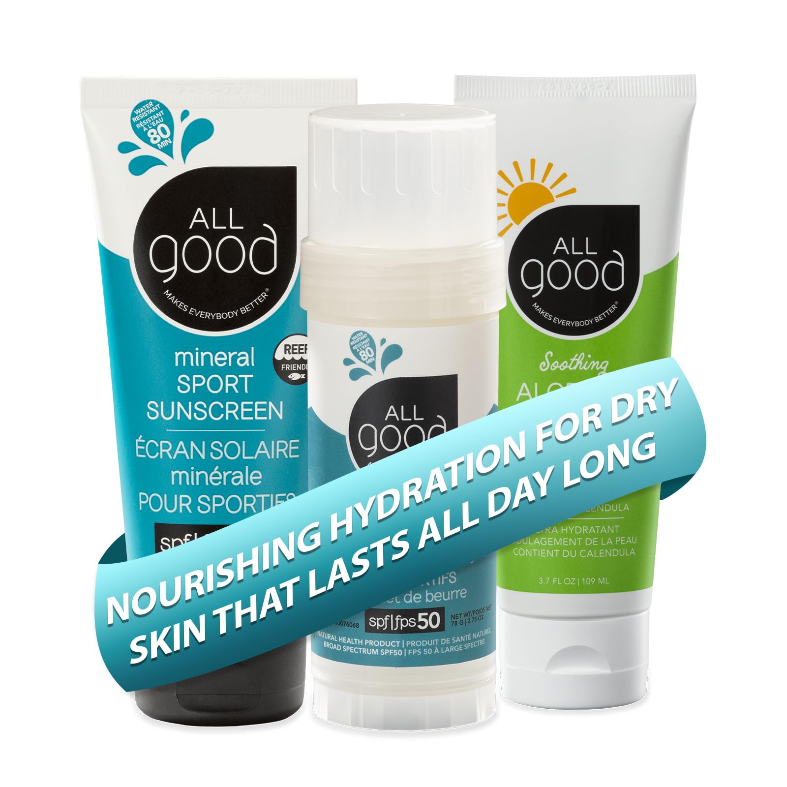 All Good Sport Mineral Sunscreen & Aloe Gel Bundle - UVA/UVB Broad Spectrum, Water Resistant - Includes (1) SPF 50 Butter Stick, (1) SPF 30 Lotion, &