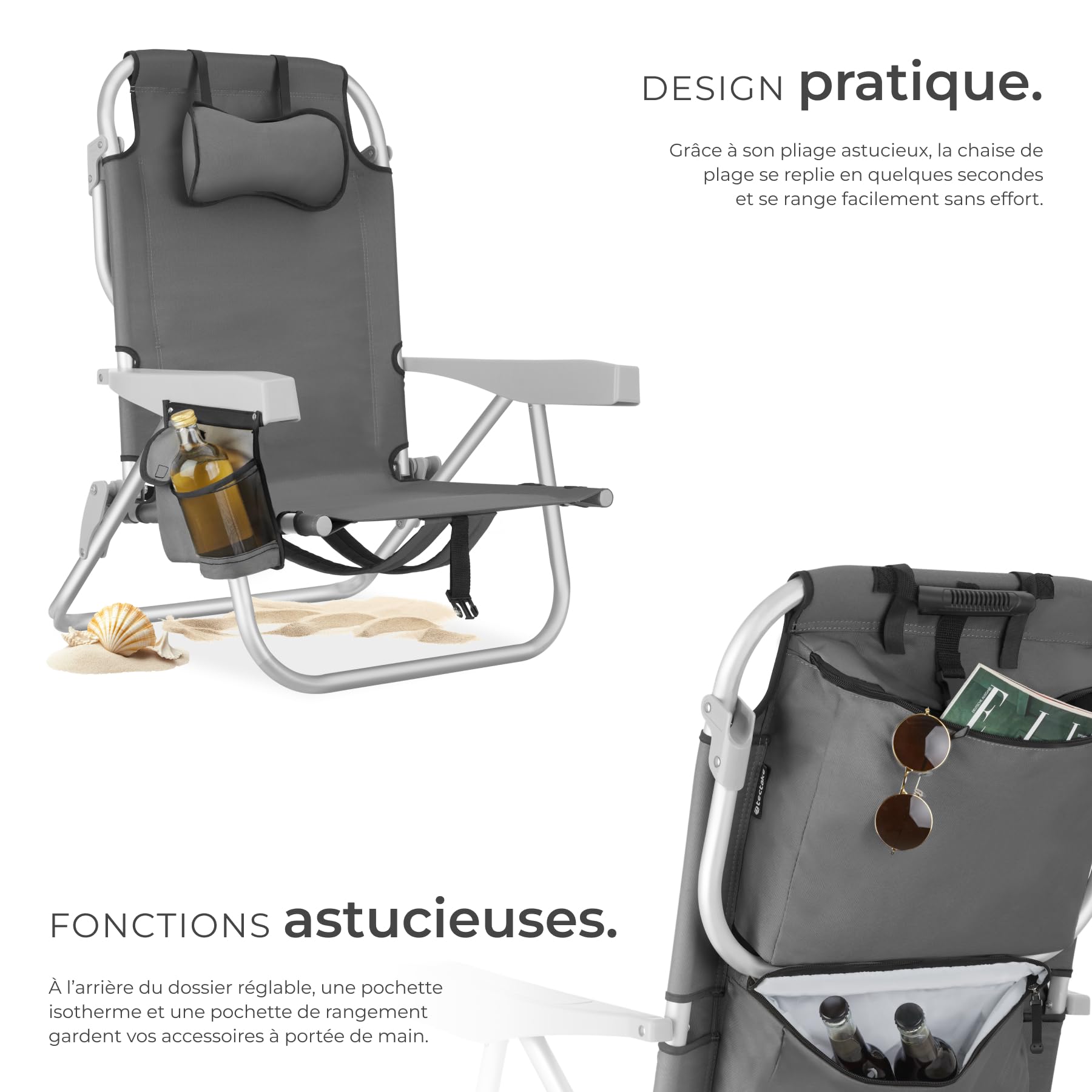 tectake® Chaise pliante Chaise Plage Fauteuil Camping, Cadre en Aluminium inoxydable, Dossier réglable 5 positions avec Appuie-tête Porte gobelet Sac isotherme intégré Accessoire plage Voyage Festival