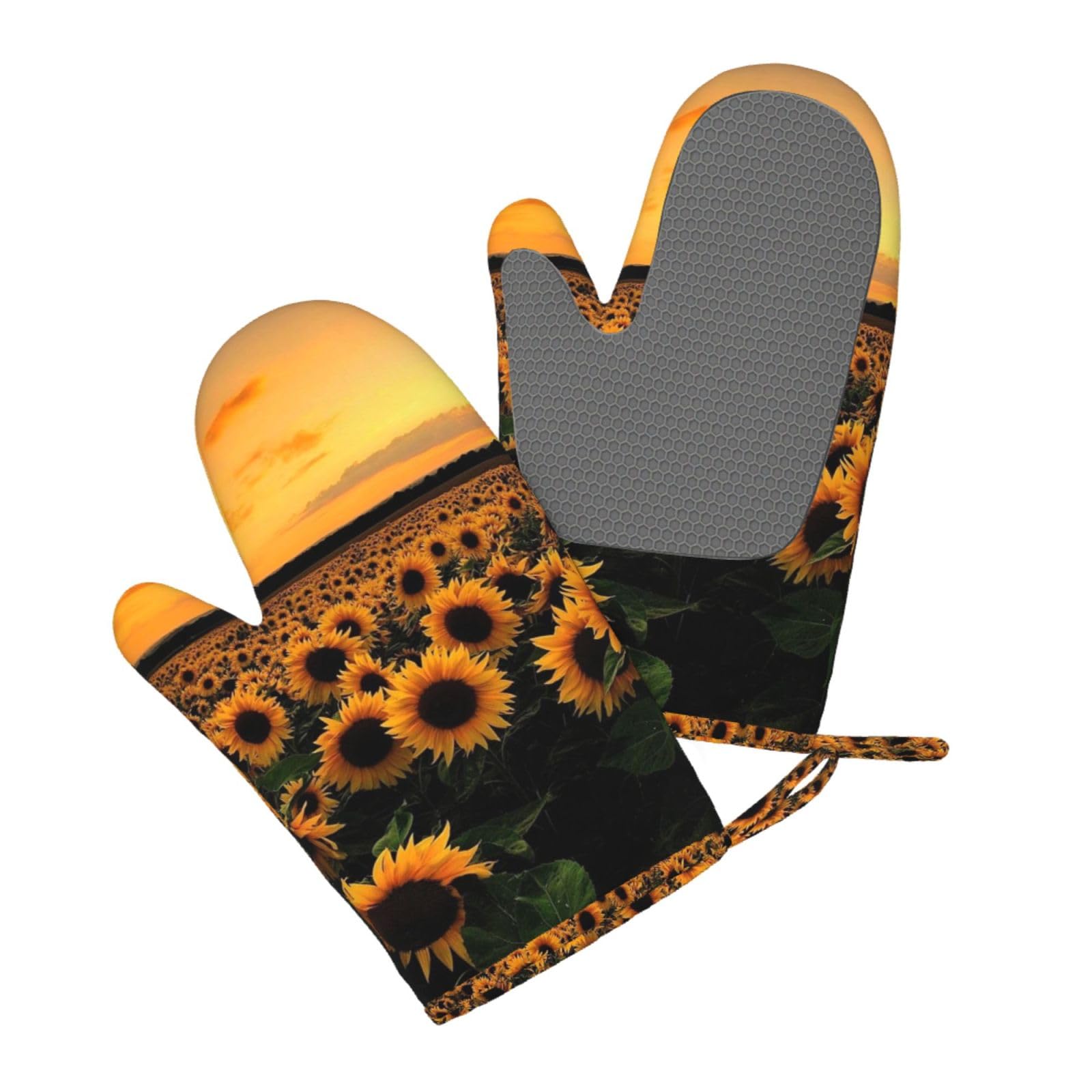 Aqrjlpo Women's Sunflower And Sunset Silicone Oven Mitts Set 2Pcs, Printed Heat Resistant Non-Slip Silicone Oven Gloves For Kitchen Cooking Baking Microwave
