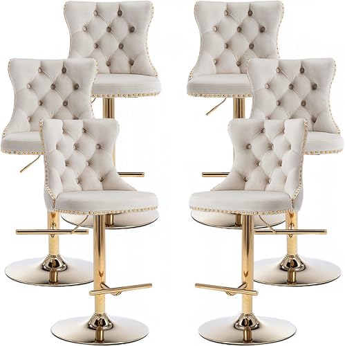 Miniatura 56 de Juego de 2 taburetes de bar giratorios de terciopelo, altura ajustable de 25 a 33 pulgadas, taburetes de bar con respaldo, sillas de bar para altura