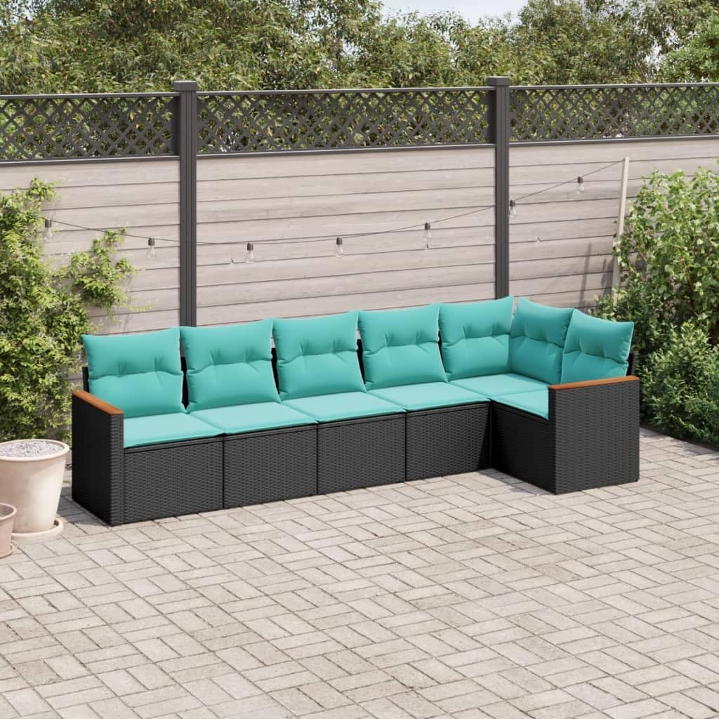6-tig Patio Sofa Set Black Poly Rattan Cushions Comfortable Inviting Space for Backyard Terrace
