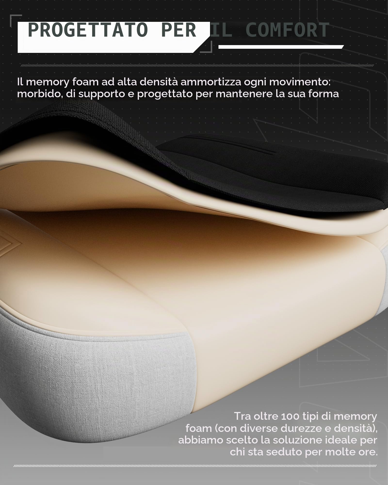 LUCKRACER - Sedia da gaming in tessuto, sedia da ufficio con braccioli collegati, cuscino in memory foam, angolo di inclinazione 90–155° e poggiapiedi, tessuto funzionale resistente, nero