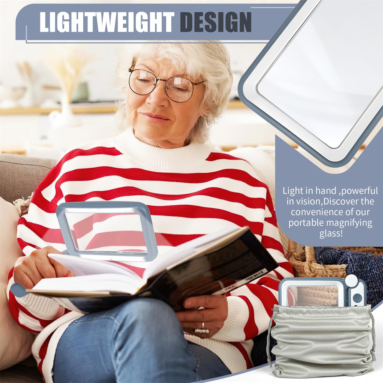 Lupa para leer, recargable de 5 páginas grandes con luz, plegable de mano, regulable, rectangular, para leer libros, impresión pequeña para personas mayores, baja visión, azul y blanco