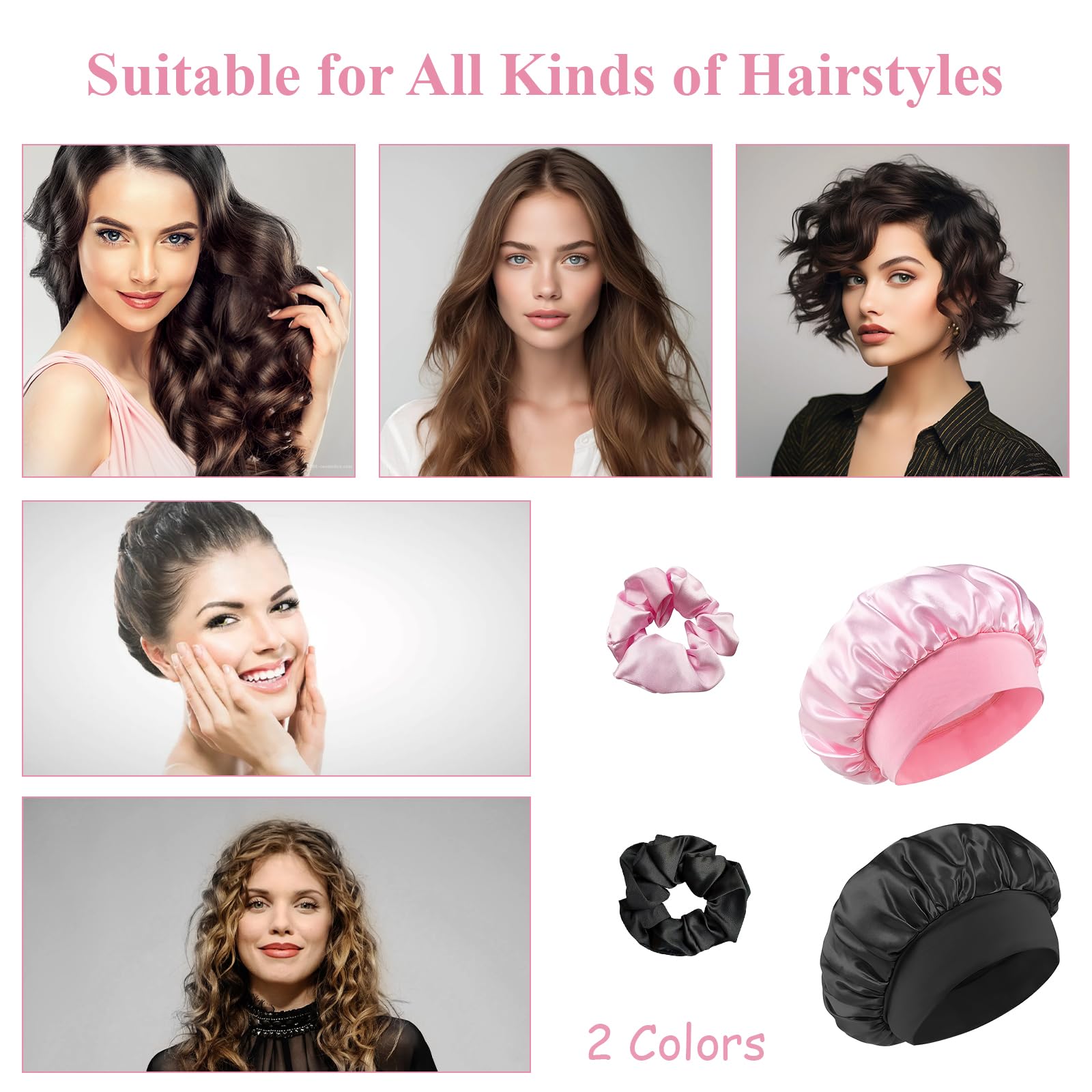 Gorro de Seda para Dormir con Banda Ancha Elástica, Gorro Saten para Dormir, protección para el Cabello,Adecuado para Mujeres, niñas, Negro + Rosa