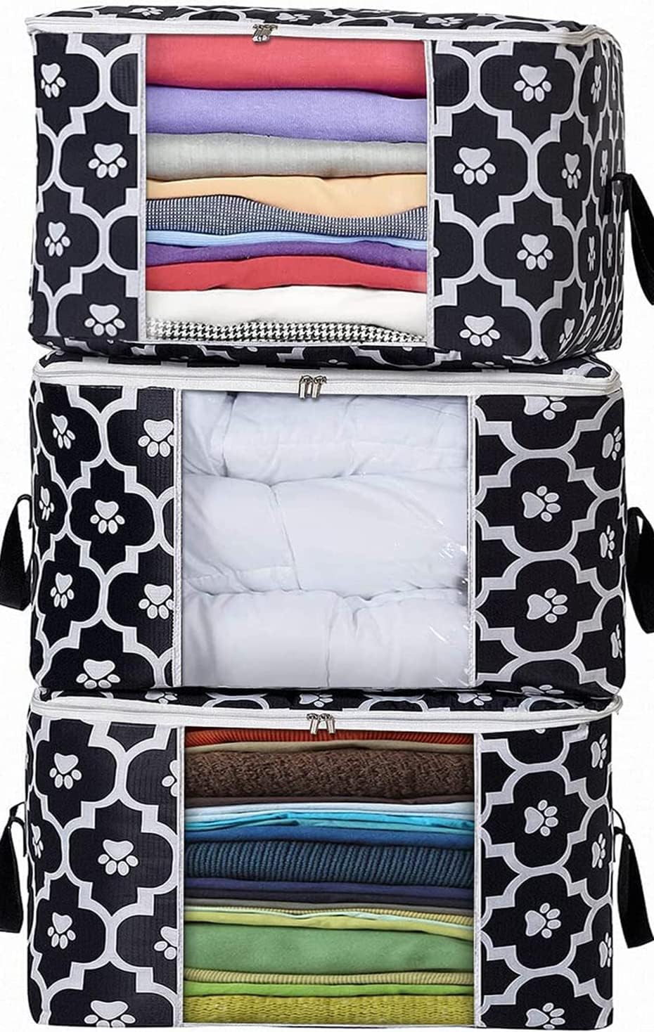 [New Upgrade]Storage Bag, Thicken & Waterproof Oxford Cloth, Organizer for Clothes, Comforters, Blankets, Bedding, with Clear Window, 102L, 3 Pack, Black