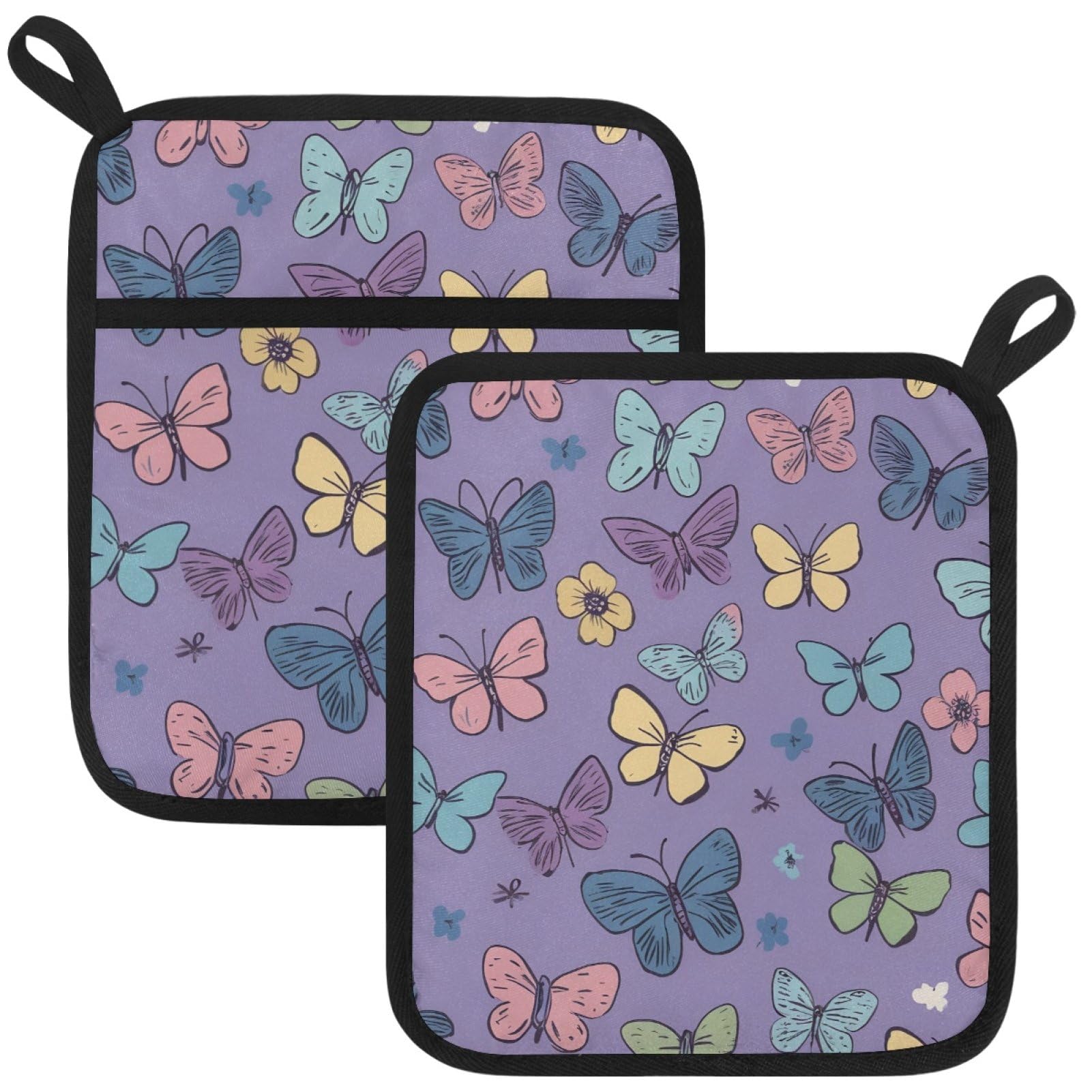 VAPOKF Cartoon Butterfly Pot Holders with Pocket for Kitchen Heat Resistant Potholders Large Polyester-Cotton Square Oven Mitts Set