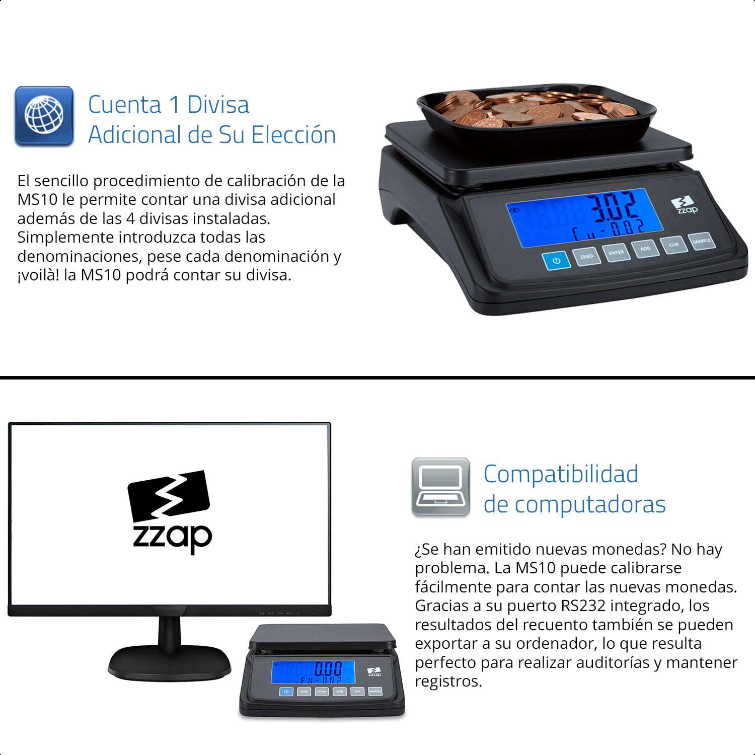 ZZap MS10 Báscula contadora de monedas 5 divisas 3 kg pantalla retroiluminada batería